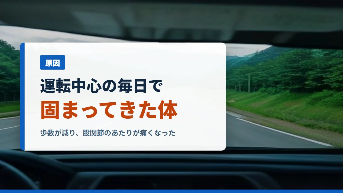 車のフロントガラス越しに見る高速道路。運転中心の毎日で固まってきた体