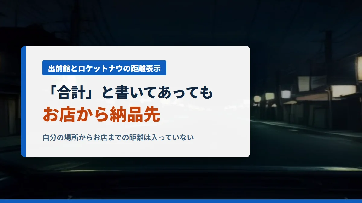 出前館とロケットナウは「合計」と書いてあってもお店から納品先までの距離